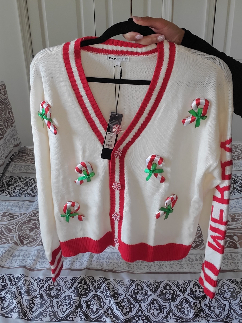 White and Red Candy Cane Cardigan Sweater